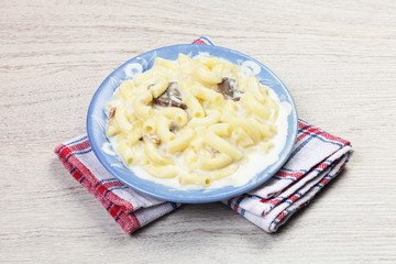Delicious macaroni with mushroom, clam, cheese-flavor sauce on the plate 