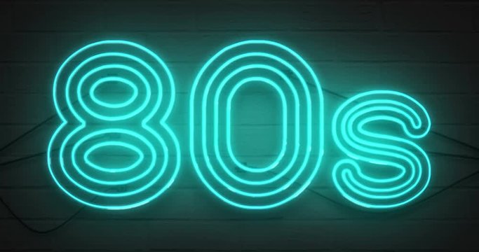 disco dance 80s neon sign lights logo text glowing multicolor purple blue and green  on dark black brick background, vintage style with flicker effect