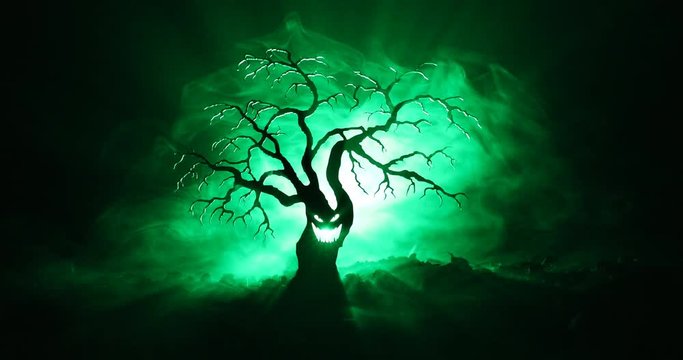 Silhouette of scary Halloween tree with horror face on dark foggy toned background with moon on back side. Scary horror tree with zombie and monster demon faces.