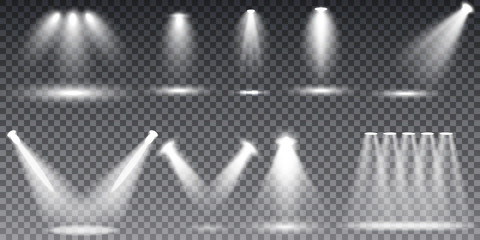 Scene illumination collection, transparent special effects. Bright lighting with spotlights.