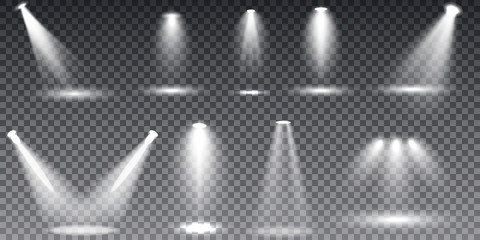 Scene illumination collection, transparent special effects. Bright lighting with spotlights.