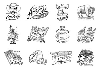 native american set. old, labels or badges for camping, hiking, hunting. buffalo and flag, eagle and cowboy, wolf with red skinned indian. engraved hand drawn in old sketch.