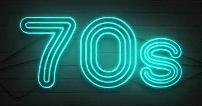 disco dance 70s neon sign lights logo text glowing multicolor purple blue and green  on dark black brick background, vintage style with flicker effect