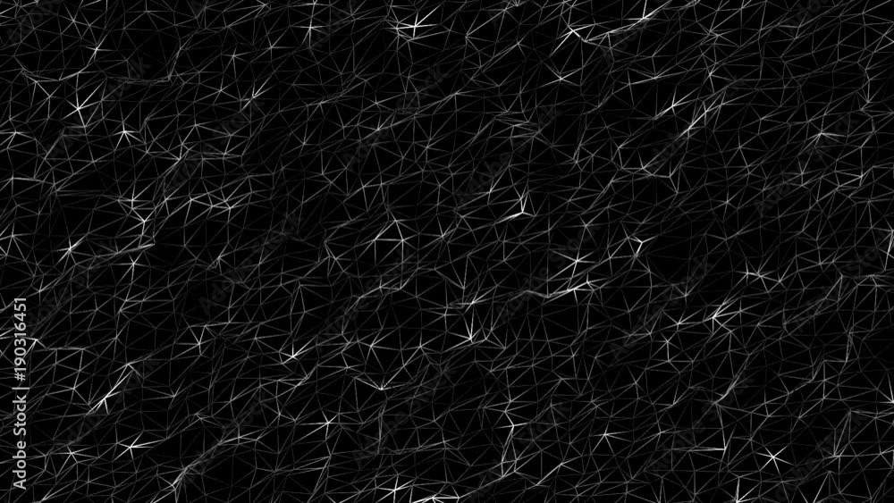 Poster abstract moving background. triangles, dots and lines are connecting with shine on black background.