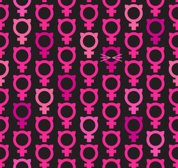 Seamless pattern of female symbols with pussy ears. Feminist design in pink on black background.