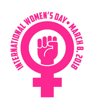 International Women's Day design with female symbol and raised fist. For posters, banners, stickers. Vector Illustration.