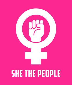 Symbol for female with raised fist. Vector icon design for posters, banners, signs about women's rights. She the people.