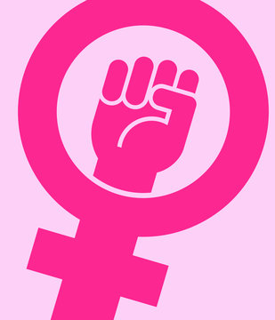 Symbol for female combined with raised fist. Vector icon design for posters, banners, signs about women's rights.