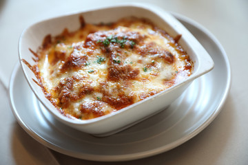 Homemade Beef Meat lasagna on dish in restaurant , Italian food