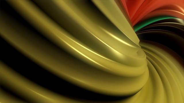 Animated circle shape composed from tree dimensional arrows, rotating, green colour on color changing shake background, logotype shape. Hypnotic spiral illusion seamless looping.