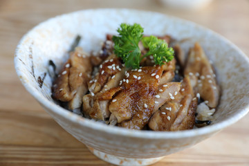 japanese food , Chicken teriyaki with rice on wood background