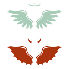 vector illustration of a cartoon devil and angel, good and bad choice, wings, horns and halo