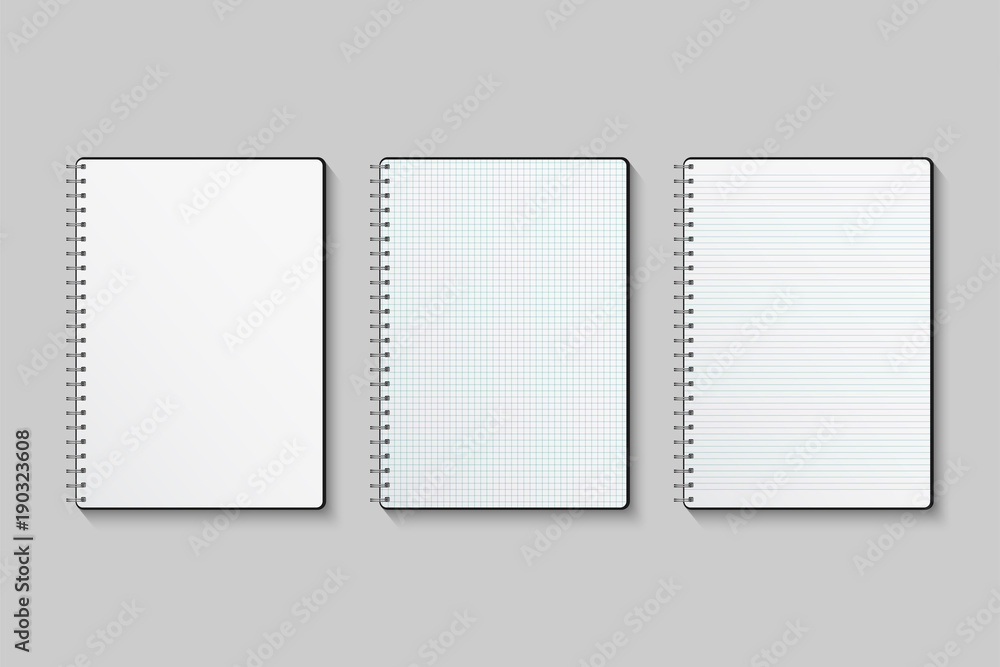 Poster vector notebook set. blank, lined and squared paper notebooks isolated on gray background.