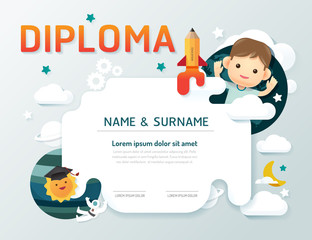 Certificate kids diploma, kindergarten template layout space background frame design vector. education preschool concept flat art style