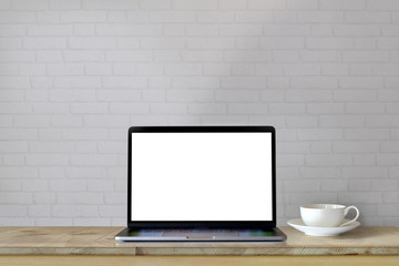 Mock up Laptop, Workspace with blank screen laptop on wood desk.