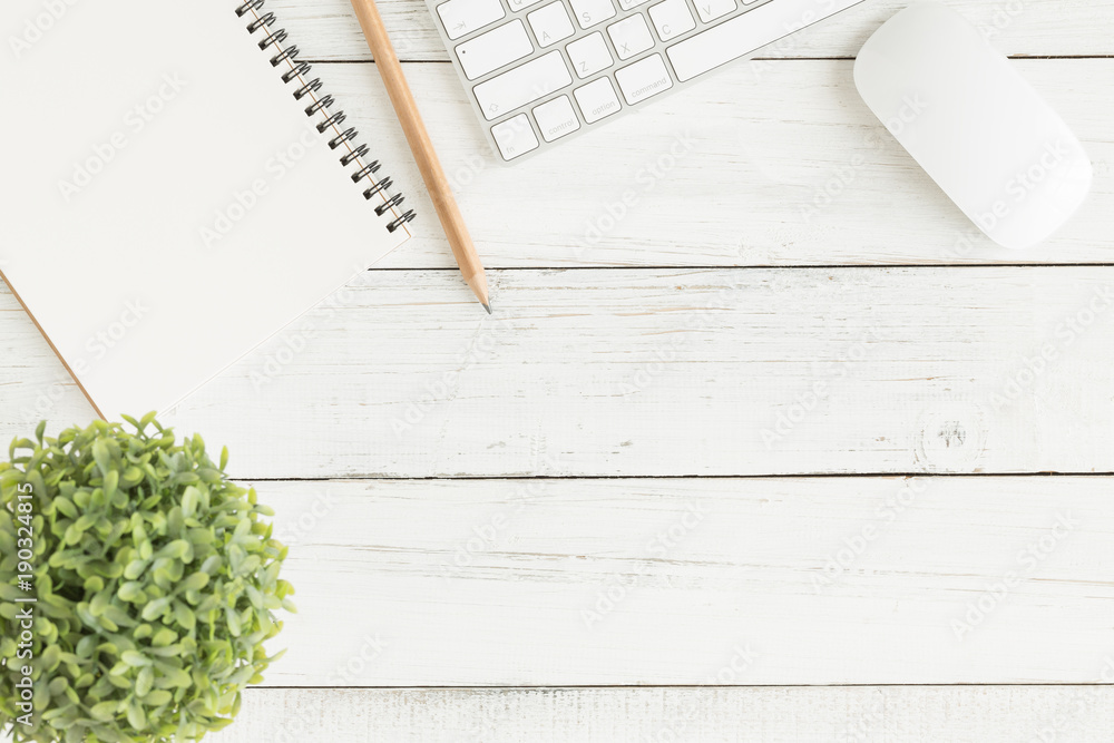 Wall mural flat lay photo of office desk with mouse and keyboard,white copy space with pencil top view