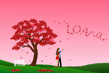 Concept of love with couple standing under the tree of heart and look to leaf fall,vector illustration for Valentine's Day