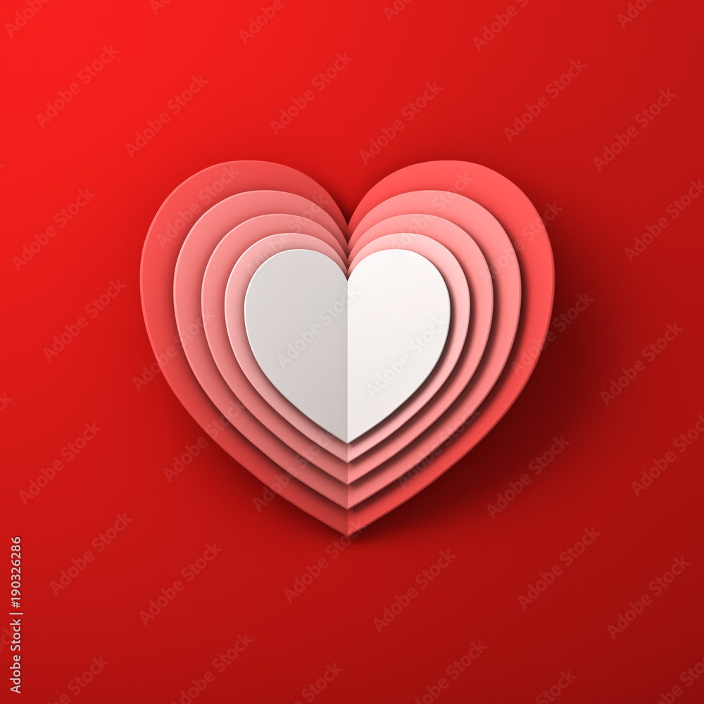 Poster Heart shape layers folded paper art style on red background with shadow. 3D rendering.