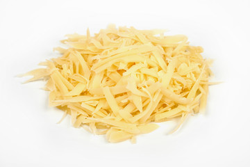 Heap of grated cheese, isolated on white background.
