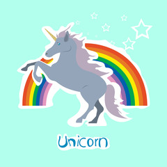 Vector unicorn sticker with stars and rainbow 