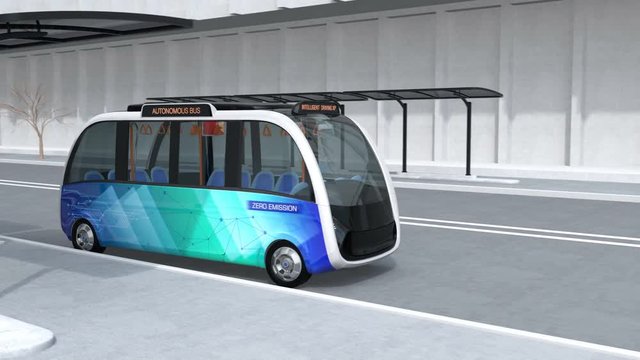 Autonomous shuttle bus leaving bus station and passing a vending van on the street. 3D rendering animation.
