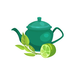 Green ceramic teapot, lime fruit and a sprig of jasmine, natural herbal tea vector Illustration