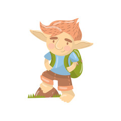 Cute troll boy character, funny creature standing with backpack cartoon vector Illustration