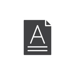 Text font icon vector, filled flat sign, solid pictogram isolated on white. Letter A on a paper sheet symbol, logo illustration.