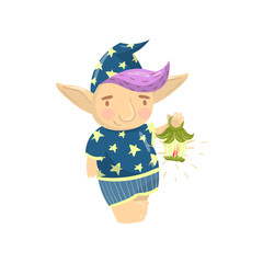 Cute troll character in blue pajamas holding oil lantern, funny creature with colored hair cartoon vector Illustration