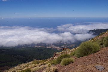 View of the clouds from the hill in the Teide Caldera in Tenerife