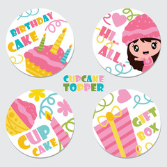 Cute cupcake girl, cake, candle, and gift box vector cartoon illustration for Birthday cupcake topper set design, postcard and sticker set