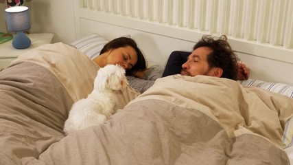 Husband not able to sleep wife snoring at night in bed slow motion