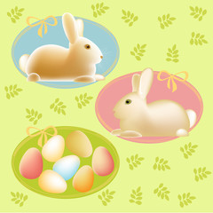 Happy Easter card with two cute easter bunnys, colored eggs and oval frames with bow. Soft green background with green leafs. Vector illustration.