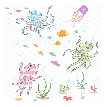 Under the sea. The little octopuses play with fish and corals.