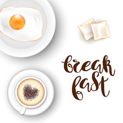 Template square white background. A cup of cappuccino coffee with a heart, an egg on a plate, bread toasts and red roses. Inscription Lettering 