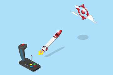 isometric joystick control rocket flying to red target, startup and business concept © archonez