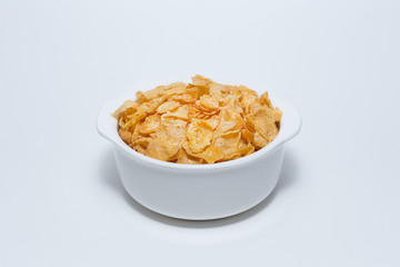  image  Close up Cornflakes cereal breakfast in white bowl on white background.