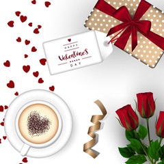 Template square white festive background. Red rose, gold ribbon, gift box with bow, cup of cappuccino coffee with heart. Inscription lettering "Happy Valentine's Day." Vector. View from above.