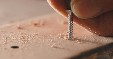 Craftsman drives the screw into the wooden board