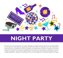 Night party promotional poster with attributes to have fun