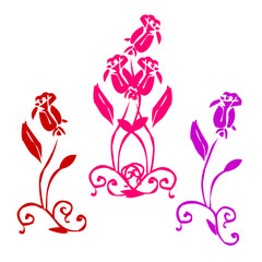 Collection of beautiful rose (red, pink, lilac color), ornament for greeting cards, silhouette on white background,