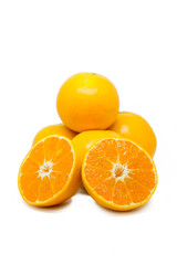 Half cut orange on white background.