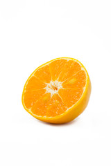 Half cut orange on white background.