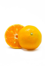 Half cut orange on white background.