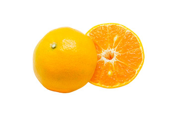 Half cut orange on white background.