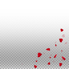 3d hearts valentine background. Bottom right corner on transparent grid light background. 3d hearts valentines day energetic design. Vector illustration.