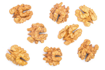 walnut kernels isolated on white background. Top view. Flat lay