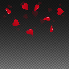 3d hearts valentine background. Top semicircle square on transparent grid dark background. 3d hearts valentines day emotional design. Vector illustration.