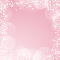 Falling hearts valentine background. Chaotic border on pink background. Falling hearts valentines day fresh design. Vector illustration.