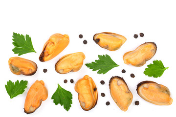 mussels with parsley and peppercorns isolated on white background with copy space for your text. Top view. Flat lay